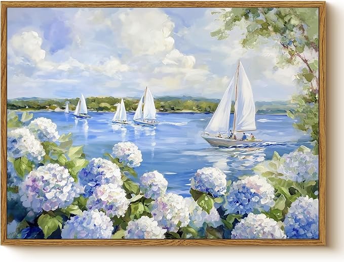 Vintage Blue Hydrangea Sailboat Framed Canvas Wall Art, 12x16 Summer Lake House Coastal Decor, Nautical Floral Landscape Painting Artwork for Living Room Bedroom Office Cottage Beach House