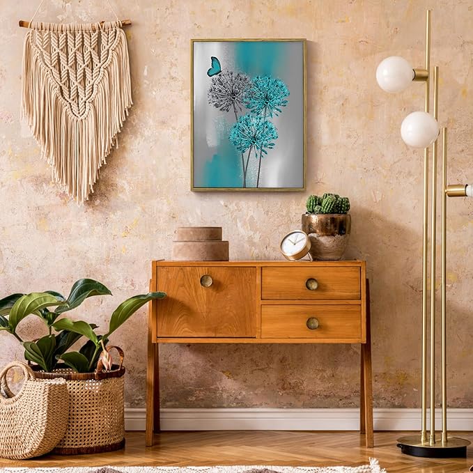 LB Teal Dandelion Framed Wall Art with Butterfly - Modern Teal Grey Canvas Wall Art for Home Contemporary Aesthetic Wall Decor for Home, Ready to Hang 17x12 Inch, Living Room Bedroom Bathroom Decor