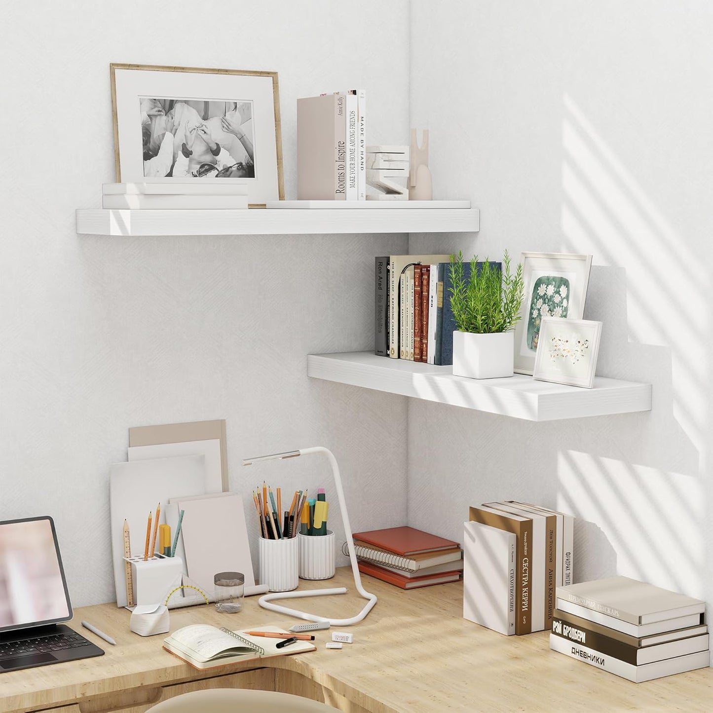Fun Memories Floating Shelves for Wall, 32 Inch Long Floating Shelves Set of 2, 32 x 10 Wooden Shelves for Wall, Large Storage Shelves, Hanging Shelves for Bathroom Kitchen Bedroom, White
