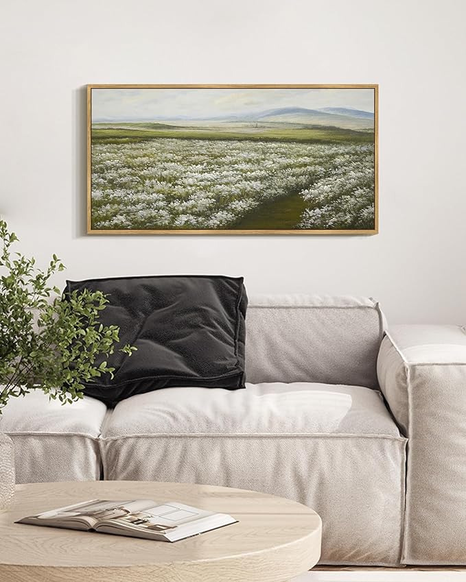SHENIFY Vintage Landscape Framed Wall Art Meadow with Flowers Scenery Farmhouse Decor Rustic Retro Grassland Wildflower Field Painting for Kitchen Bedroom Bathroom - 8x16in Natural Framed