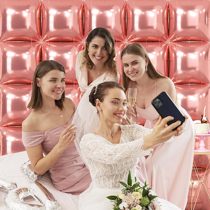 NISOCY 25PCS Rose Gold Square Foil Balloons Wall Backdrop Double Sided Rose Gold Balloon Tunnel Arch Kit for Birthday Valentines Wedding Anniversary Bridal Baby Shower Graduation Party Decorations