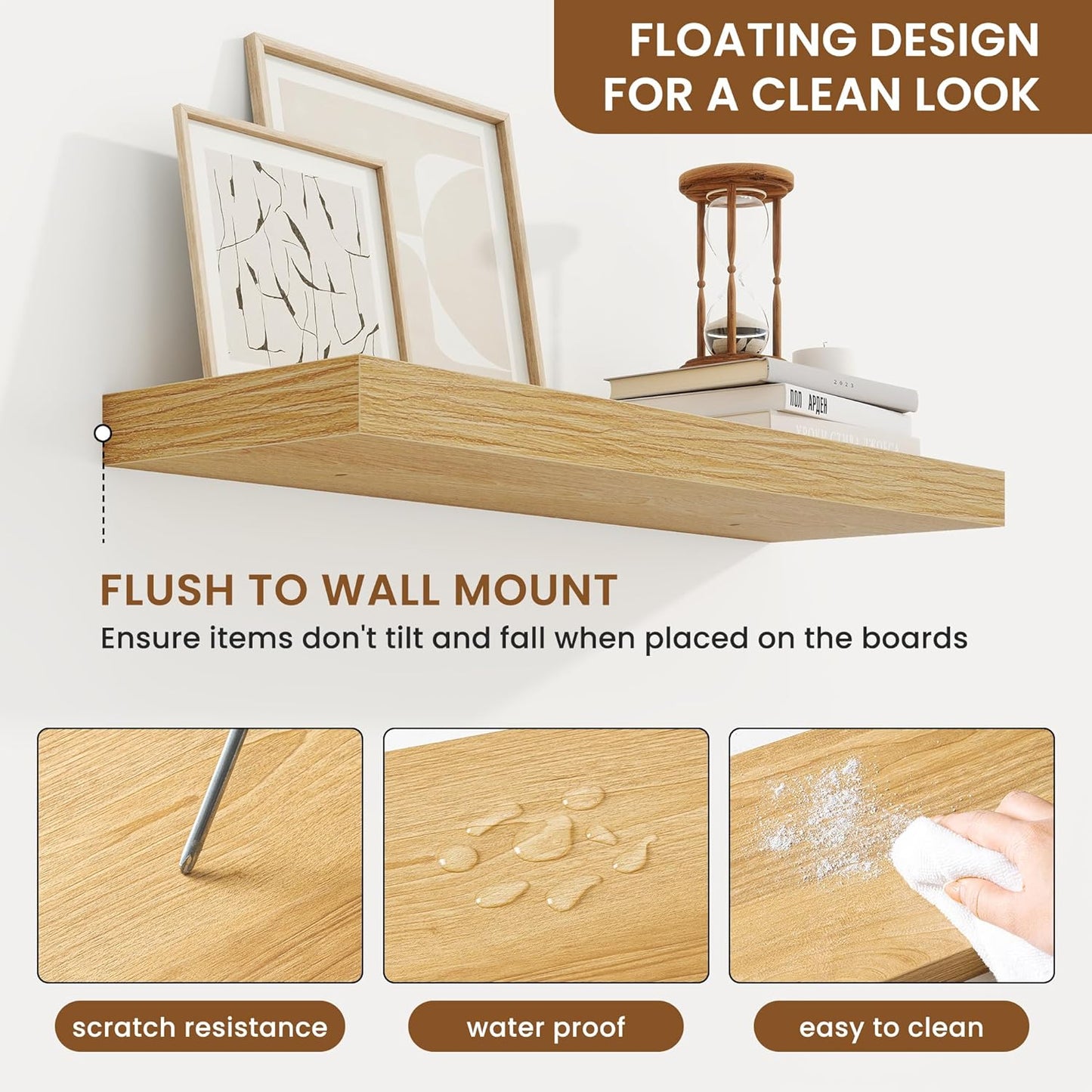 fuqing Floating Shelves for Wall, Bathroom Shelf Wall Mounted for Storage, Shelves with Invisible Bracket for Bedroom, Kitchen, Living Room, Farmhouse Small Book Shelf, 24 Inch Set of 2, Oak