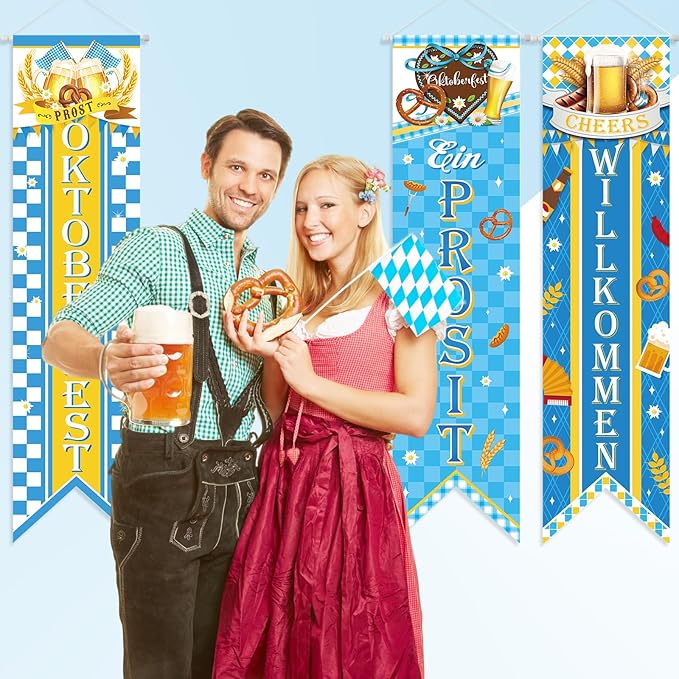 3 Pieces Oktoberfest Party Decorations Bavarian Banners Oktoberfest Prosit Welcome Porch Signs Festival Hanging Backdrops for Home Bar German Party Indoor Outdoor Wall Door Decor