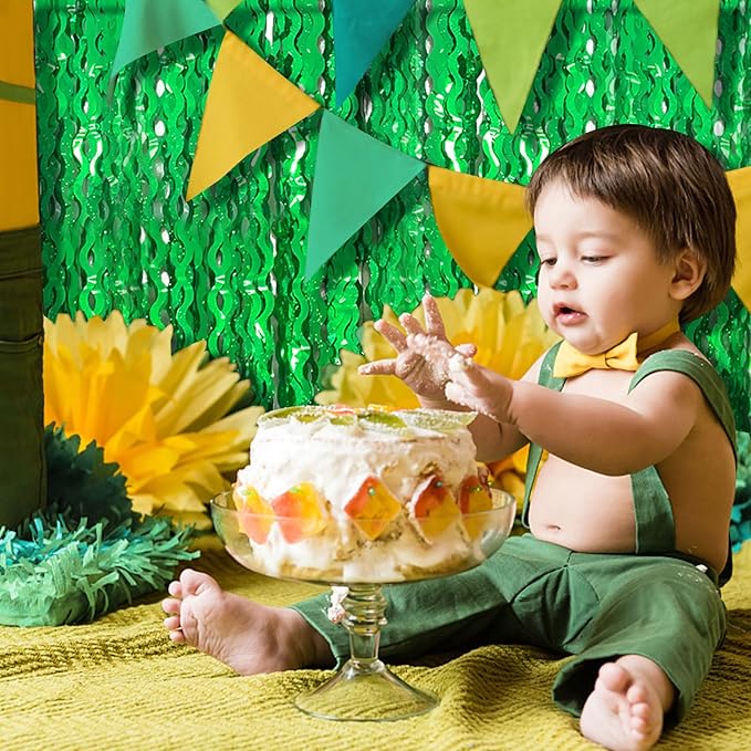 Green Tinsel Foil Fringe Curtains Wavy Backdrop for Party Sparkle Metallic Wavy Streamers Photo Booth Props for Birthday Dinosaur Animal St Patrick's Day Football Christmas Party Decorations