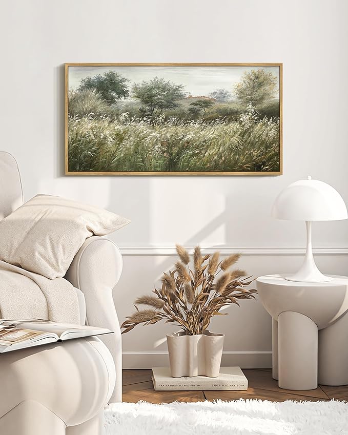 SHENIFY Vintage Landscape Framed Wall Art Meadow Scenery Farmhouse Decor Retro Painting for Bedroom Living Room Ready to Hang Wall Artwork - 8x16in Natural Framed