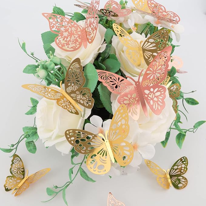 72 Pcs Butterfly Wall Decor, 3 Styles 3 Sizes 3D Butterfly, Gold and Rose Gold Butterfly, Wedding Decorations, Birthday Party Decorations, Girls Bedroom Decoration(72 Pcs, Gold and Rose Gold)