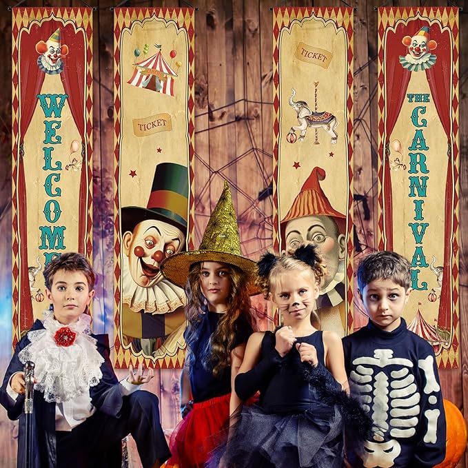 Tiamon 4 Pcs Vintage Christmas Halloween Carnival Porch Banners Retro Santa Clown Stretching Portraits Wall Decorations Gothic Porch Sign Backdrop for Xmas Indoor Outdoor Hanging Decor (Large Circus)