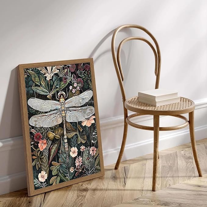 Framed Vintage Wall Art Dark Green Dragonfly Flowers Nature Insect Canvas Painting Picture Print for Living Room Bedroom Home Wall Decor Ready to Hang Wooden frame12x16in