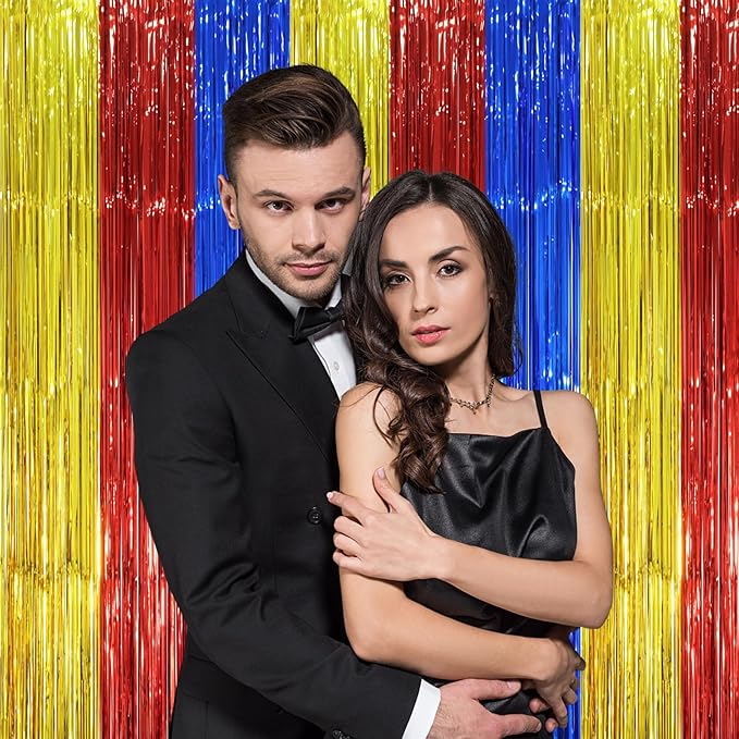 2 Pack Blue Red Gold Foil Fringe Backdrop Curtains, Tinsel Streamers Party Decorations, Fringe Backdrop, Door Shimmer for Birthday Party