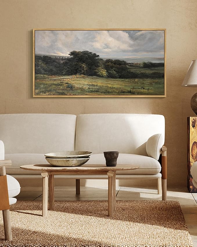 SHENIFY Vintage Landscape Framed Wall Art Rustic Countryside Meadow Farmhouse Decor Retro Vast Grassland Painting for Hallway Bedroom Living Room Dining Room - 20x40in Natural Framed