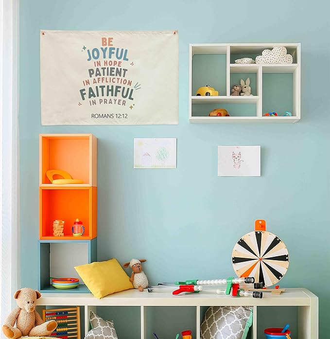 Rectangular Christian Bible Verse Scripture Canvas Banner Wall Decor Flag Sign for Baby Girl Kids,Nursery Bedroom Playroom Nursery Wall Decor,Baby Shower Baptism Christmas Gift-Be Joyful In Hope
