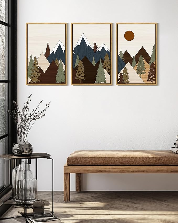 Drsoum Morden Mountains Landscape Wall Art Framed Boho Pine Tree Forest Nature Prints Boho Farmhouse Rustic Artwork Hallway Bedroom Ready to Hang 16x24in Natural Framed
