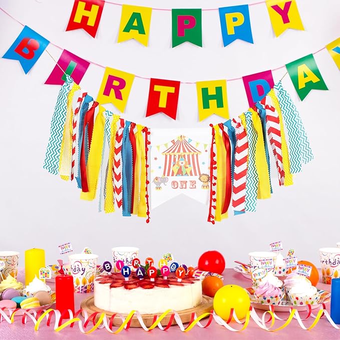 Circus Carnival First Birthday Highchair Banner – Pre-strung Reusable Burlap & Satin Garland for Cake Smash Photos, Boys & Girls 1st Birthday Party Decor