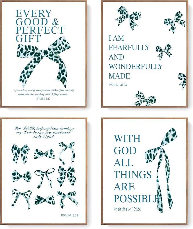 LARTSFRO Coquette Blue Leopard Bow Wall Art Decor Posters, Y2K Cheetah Leopard Bow Room Bedroom Bathroom Dorm Wall Art Decor Aesthetic for College Teen Girls Gifts, Inspirational Bible Verses Bow Wall Decor, 10x8 Inch Set of 4 Pcs Bow Pictures (UNFRAMED)