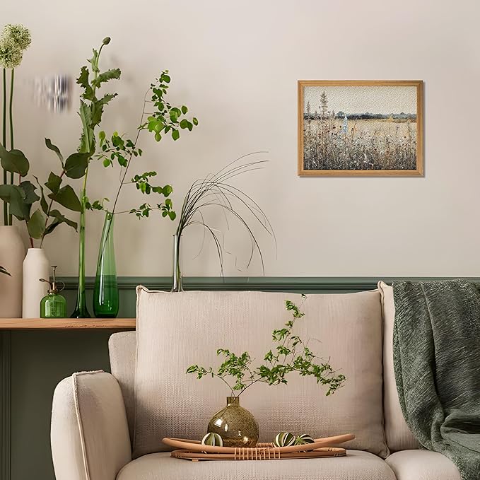Vintage Landscape Wall Art, 3D Textured Nature Rustic Farmhouse Wall Decor Painting, Hand Drawn Sandstone Country Wildflowers Artwork Picture for Living Room Bedroom 16x24 Inch Framed