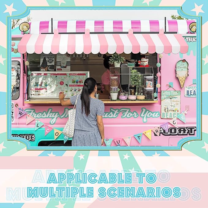 Boao 4 Pack Pink Circus Awning Decoration 3D Pink and White Stripe Cardboard Awning Bulletin Board Wall Decor Sweet Ice Cream Party Favors for Lemonade Stand Truck Bulletin Board