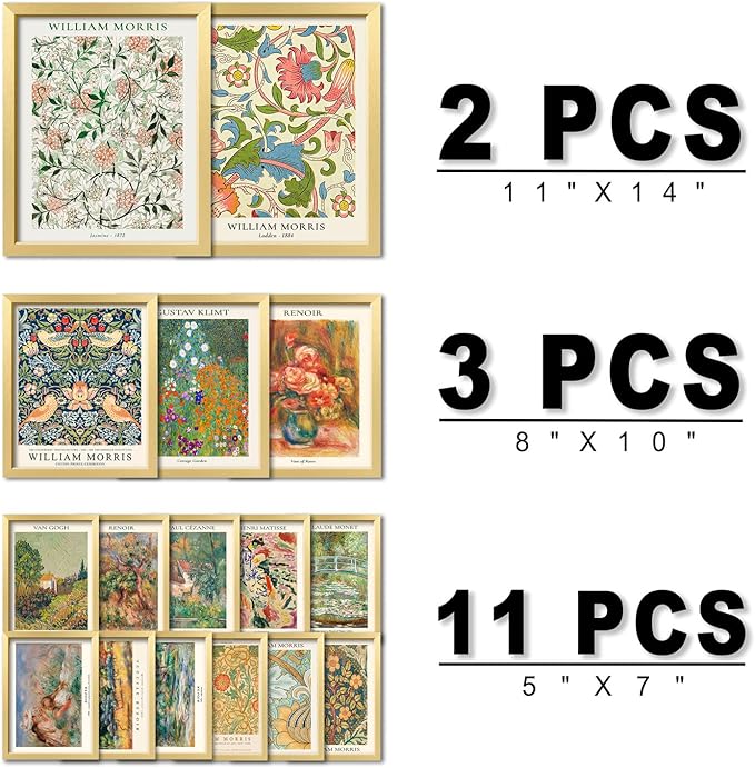 ANERZA 16 PCS Gold Framed Vintage Eclectic Wall Art Decor, William Morris Wall Prints for Bedroom, Gallery Wall Frame Set, Posters for Living Room Aesthetic, Collage Kit, Colorful Dorm Home Artwork