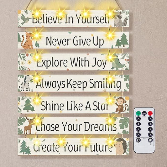 FIOBEE Girls Room Décor for Teen Girls Boys with LED Light Wall Decor for Bedroom Motivational Inspirational Wall Art Girl Room Decoration for Kids Studyroom, 8 Kinds of Lights, Green Forest