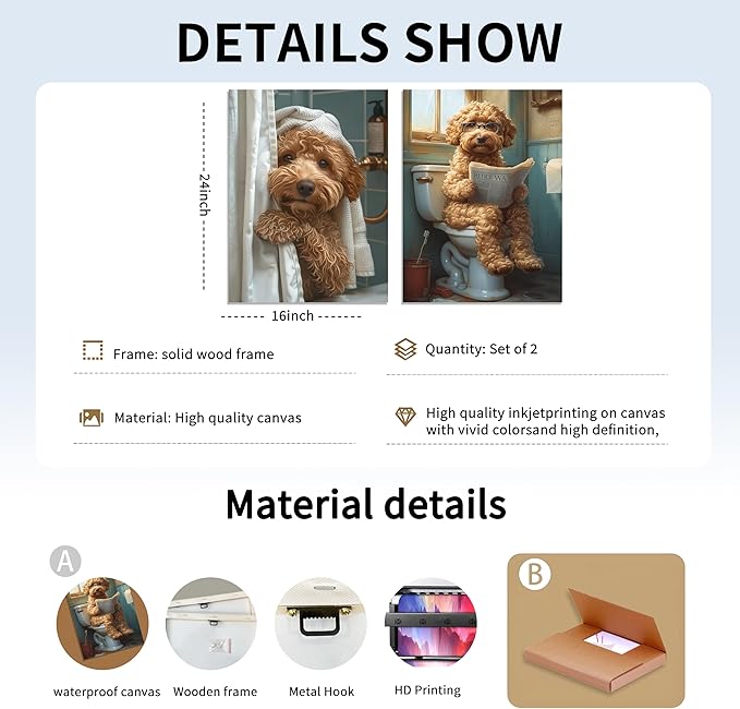 Yaneiro Funny Bathroom Canvas Wall Art-Set of 2 Poodle On Toilet Reading Newspaper Wall Decor Goldendoodle In Shower Humor Animal Poster Picture for Dog Lovers Restroom Ideas Decor 16x24 Inch Framed