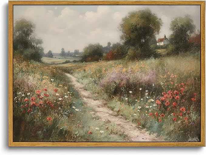 OIQArtOIQ Vintage Landscape Canvas Wall Art Framed Natural Scenery Painting Artwork Prints France Country Wilderness Farmhouse Decor Pictures Kitchen Bedroom Living Room Bathroom