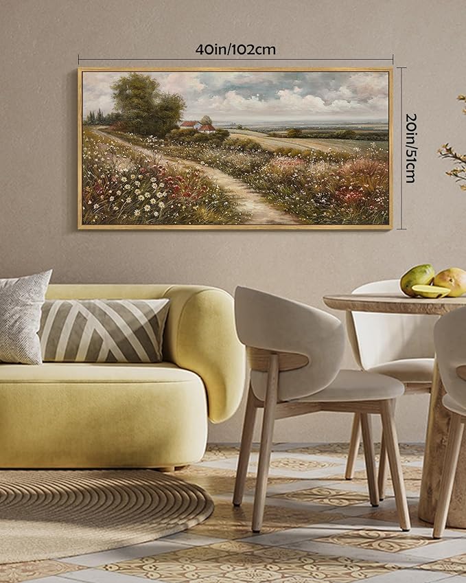 SHENIFY Vintage Landscape Framed Wall Art Rustic Countryside Wildflower Field Farmhouse Decor Retro Meadow with Flowers Painting for Hallway Bedroom Dining Room - 20x40in Natural Framed
