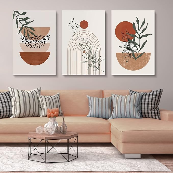 Boho Wall Art Prints，Boho Wall Decor, Mid Century Modern Wall Art，Set of 3 Prints, Abstract Geometric Prints Black Beige Terracotta Minimalist Art, Natural Framed Canvas Prints Artwork For Living Room