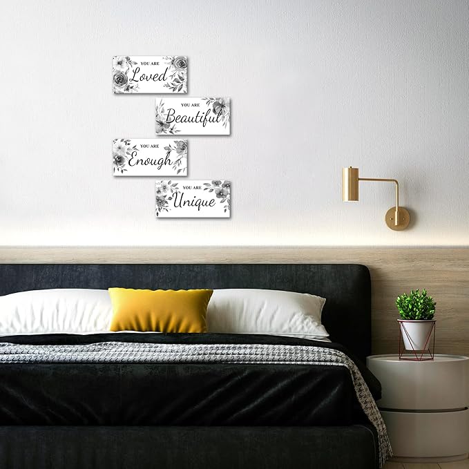 HOMEOART 4 Piece Framed Inspiration Floral Wall Decor Positive Saying Word Art Pictures Farmhouse Bathroom Wall Decor Painting Woman Teen Girl Room Sign, Framed 6x12inchx4pcs (Grey)