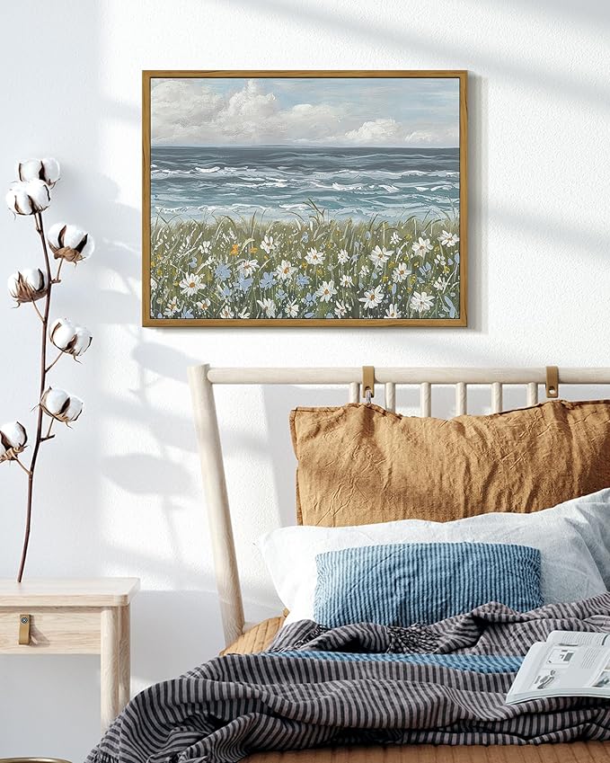SHENIFY Vintage Landscape Framed Wall Art Sea Coastal Wildflower Field Scenery Farmhouse Decor Retro Painting for Living Room Bedroom Ready to Hang Wall Artwork - 11x14in Natural Framed