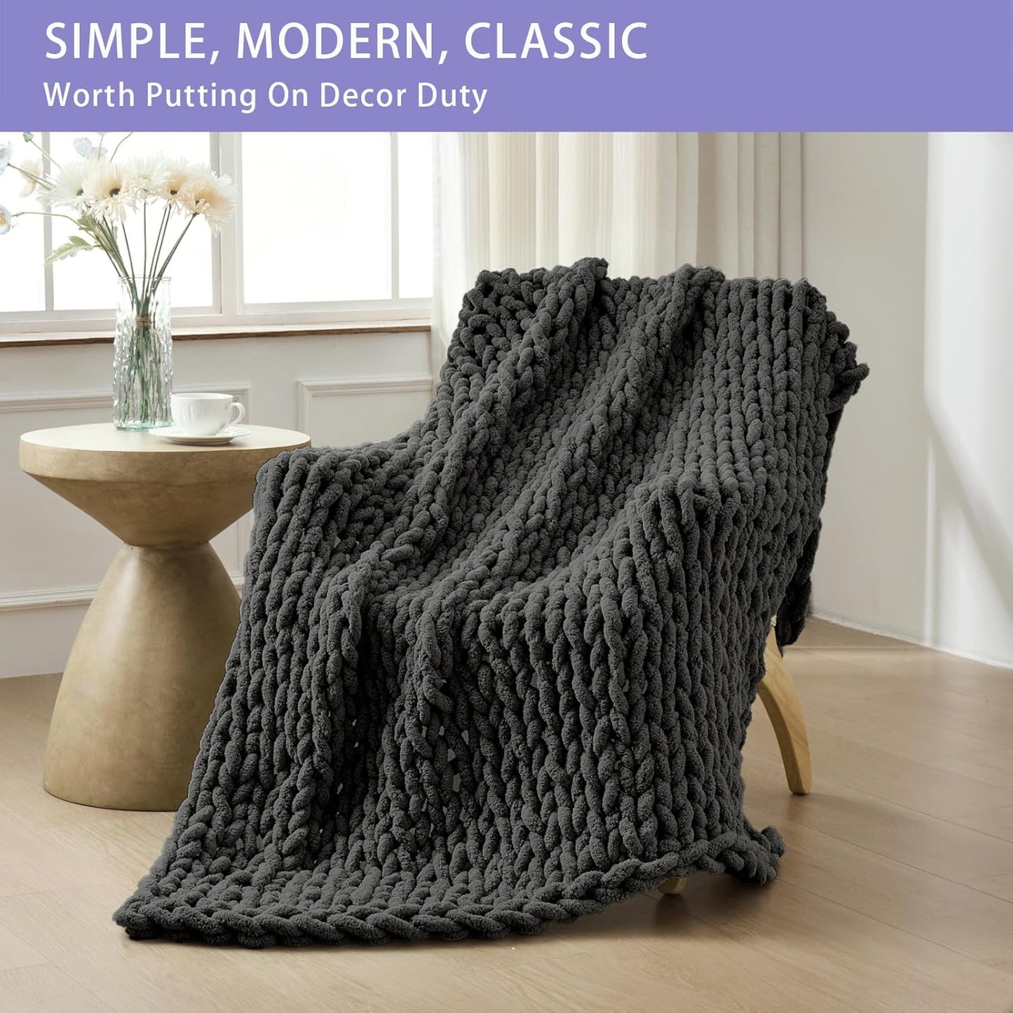 Bigacogo Chunky Knit Throw Blanket for Couch, 80x90 inches, 100% Hand Knitted with Thick Jumbo Chenille Yarn, Cozy Soft Large Rope Knot Cable Crochet Blankets for Sofa Bed Living Room, Dark Grey