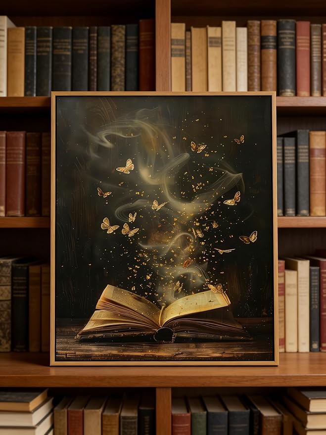 Framed Moody Victorian Bookish Wall Art Dark Academia Library Canvas Wall Decor Picture Vintage Reading Nook Butterfly Aesthetic Painting Poster Print for Gallery Library Bookstore Decoration 12x16in