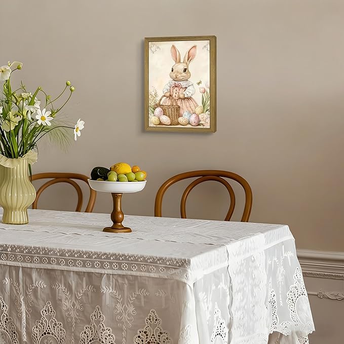 Framed Easter Bunny Wall Art, Vintage Holiday Decor Oil Painting, Rustic Farmhouse Spring Animal Wall Decor, Cute Rabbit Easter Eggs Canvas Print Paintings for Living Room Bedroom Nursery 16x24 Inch