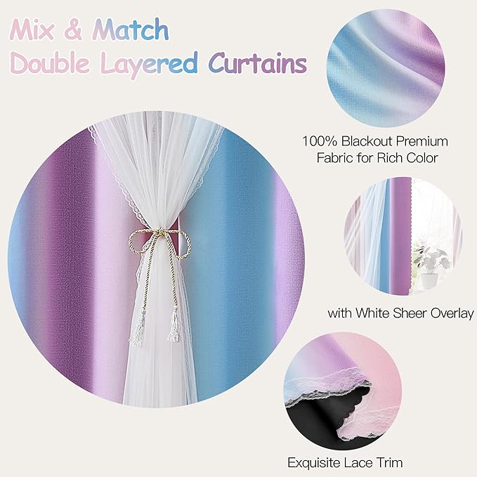 XiDi 100% Blackout Curtains with Sheer Overlay 84 Inches Long 2 Panels for Girls Bedroom Living Room Rainbow Pink Purple Blue Double Layer Curtains for Kids Nursery Unicorn Princess Grommet W52 x L84