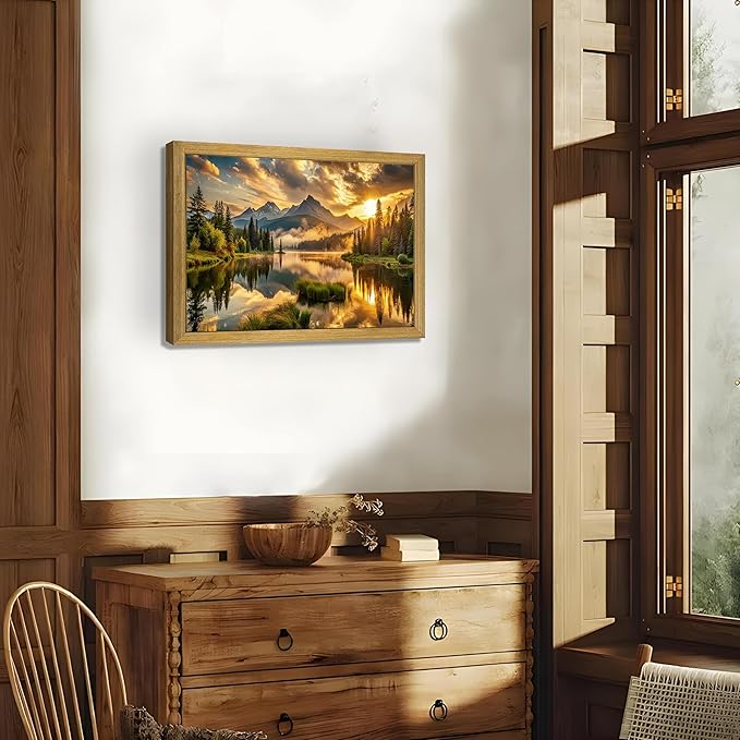 Framed Canvas Wall Art 16x24 Inch, Vintage Landscape Wall Art Decor, Countryside Farmhouse Sunset Landscape Wall Decor, Retro Mountain Vintage Painting Prints for Living Room Bedroom Home Bathroom Decor