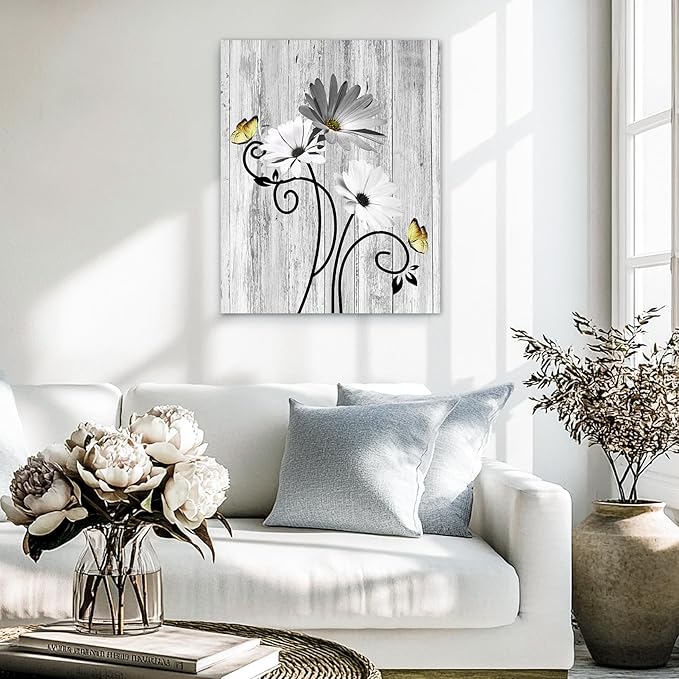 HVEST Grey Daisy Canvas Wall Art Rustic Farmhouse Gray Floral and Yellow Butterfly Bathroom Wall Decor, Vintage Flower Wall Art for Living Room Bedroom Home Office Decor, 16L x 12W Inches