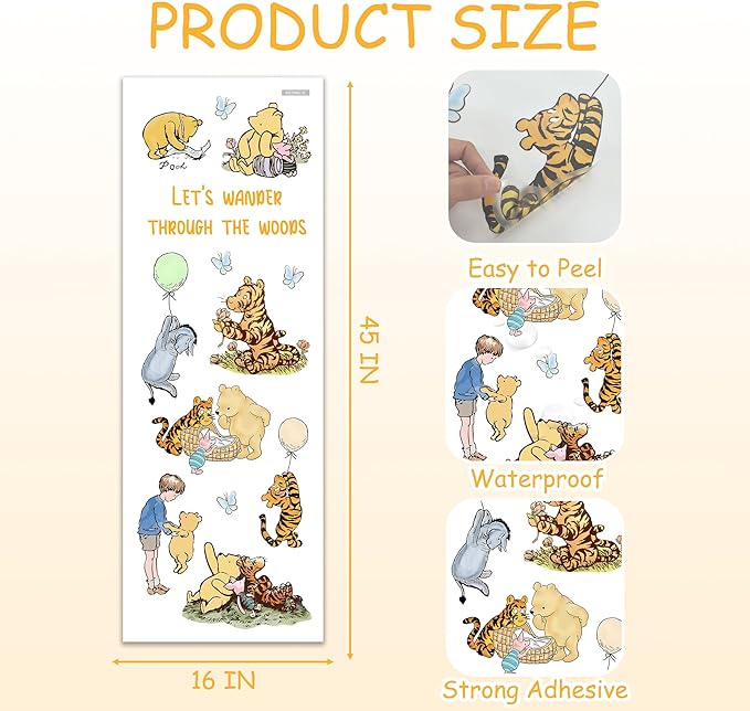 Winnie Character Stickers, Winnie Inspirational Stickers, The Pooh Wall Stickers for Kids, The Pooh Removable Sticker for Baby Kids Nursery Children Room Bedroom Living Room Playroom Wall Decoration