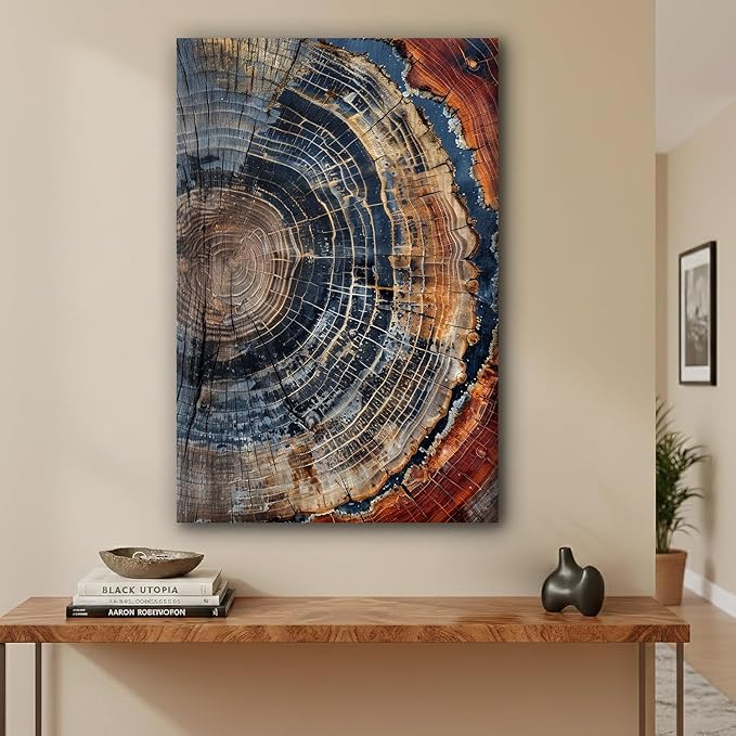 IBHJSART Framed Tree Ring Canvas Wall Art Vintage Colorful Wood Stump Painting Prints Modern Minimalist Pictures Neutral Nature Rustic Farmhouse Decor Living Room Bedroom Bathroom Office
