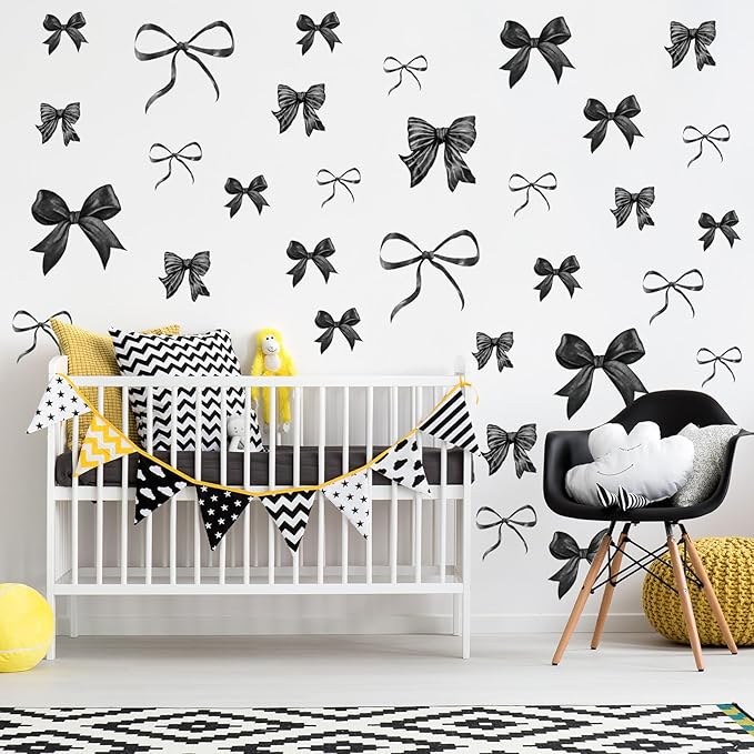 Whaline 12 Sheets Black Bow Wall Stickers Watercolor Bowknot Wall Decals Room Mural Stickers for Coquette Wedding Birthday Party Home Nursery Decor, 7.9 x 11.8 Inch