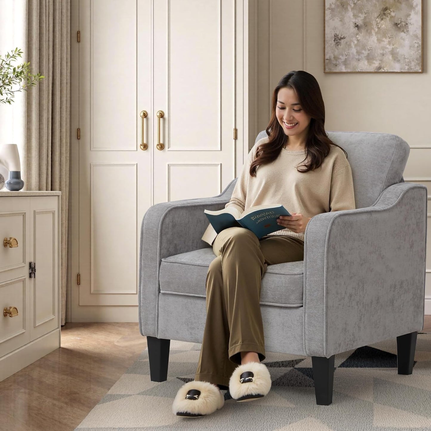 Accent Chairs Set of 2, Upholstered Living Room Chairs with Side Pockets, Mid Century Modern Reading Chair for Bedroom, Comfy Armchair Single Sofa Side Chair for Office, Small Room, Light Grey