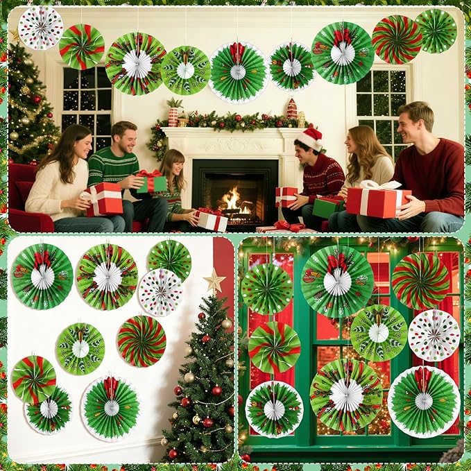 Outus 9 Pcs Christmas Hanging Decorations Candy Paper Fans Peppermint Classroom Christmas Decorations Party Ceiling Wall Hanging Decor Red Green Elf Bulb Wreath Gift Box Winter Holiday Birthday