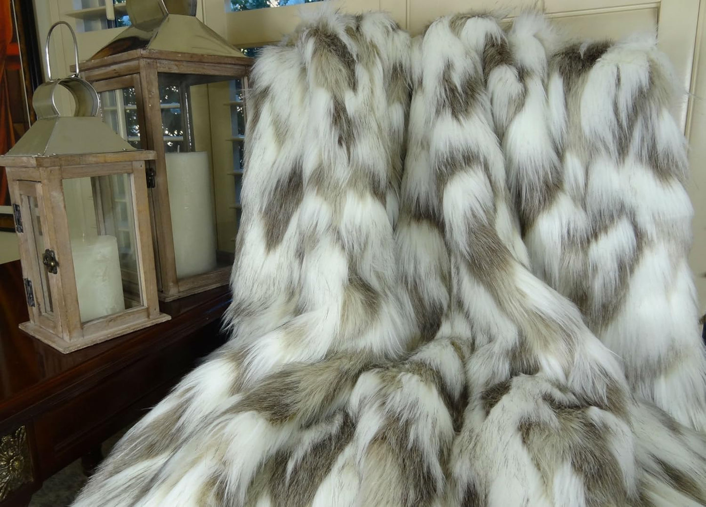 Ivory Faux Fur Throw Blanket & Bedspread Tibet Fox Fur - Ivory Beige Luxury Soft Faux Fur, Handmade in US, 16445