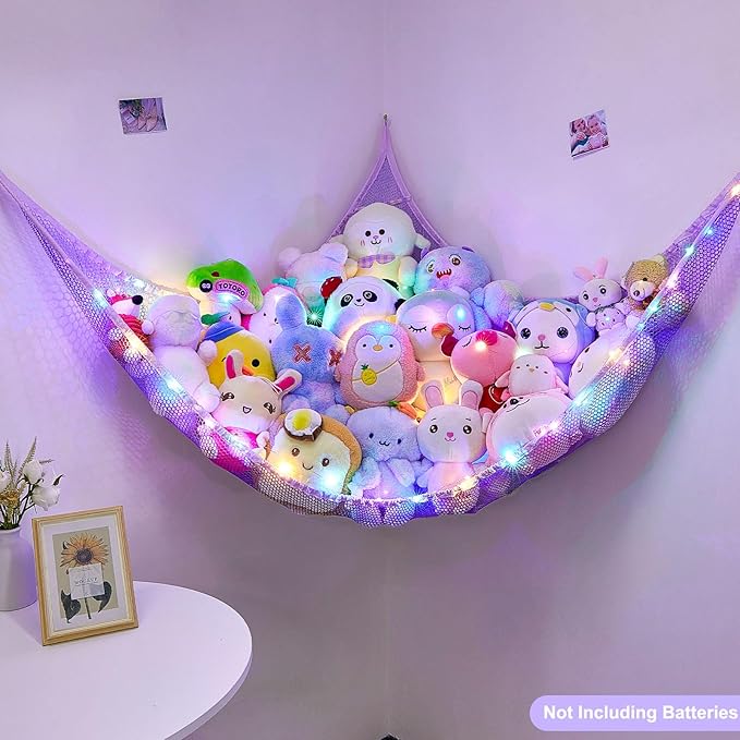 Unicorn Castle Stuffed Animals Net or Hammock Kids Toy Storage Organizer with LED Light Hanging Corner Stuffed Animals Holder Kids Girls Room Decor,Purple,Large (Pack of 1)