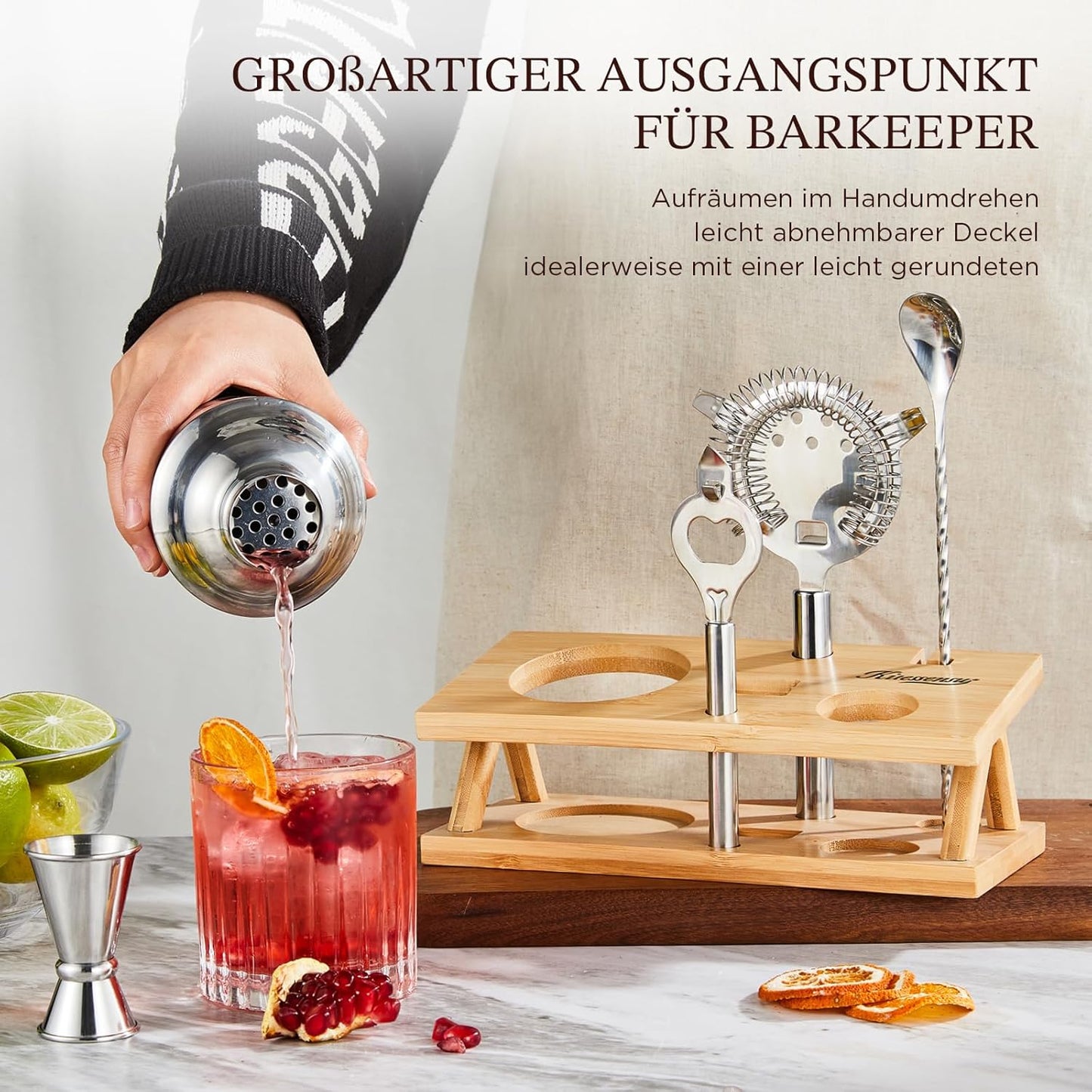 KITESSENSU Cocktail Shaker Set Bartender Kit, 6-Piece Silver Bar Set with Stand, Bar kit with Essential Bar Accessory Tools: Martini Shaker, Jigger, Strainer, Bar Spoon, Tongs, Opener