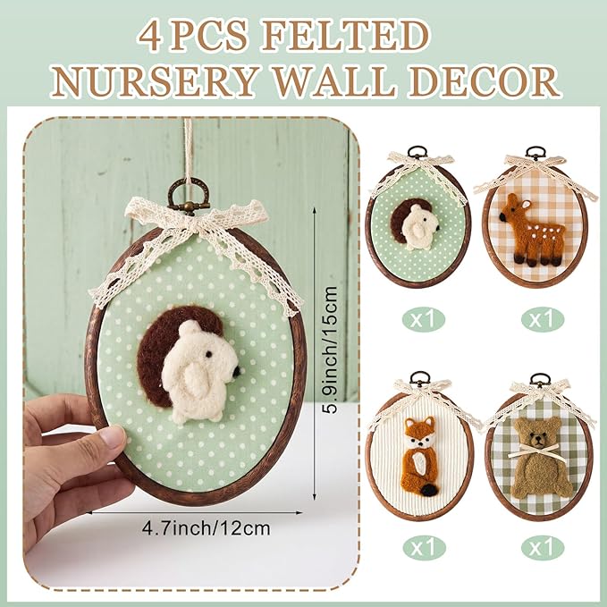Soulchen 4 Pcs 5 x 6 Inch Felted Nursery Wall Decor with Bear Fox Deer Hedgehog Cute Animal Wall Art Decorative Artwork for Nursery Bathroom Living Room Baby Room Bedroom Farmhouse Decoration