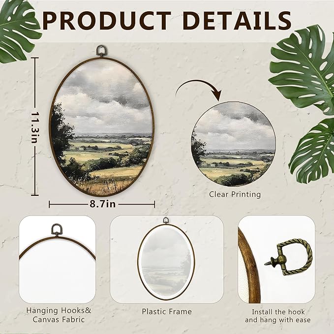 Gnmduw Vintage Farmhouse Field Landscape Oval Wall Art Framed, Wildflower Field Nature Landscape Canvas Prints Hanging Decor Decorations, Cottagecore Wall Decor for Living Room Bedroom, 8.7x11.3 Inch