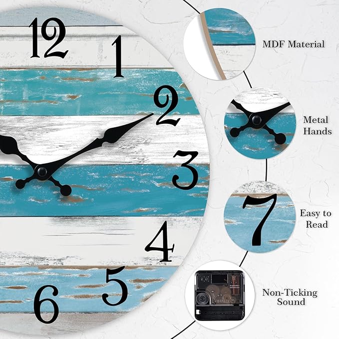 Wall Clock Battery Operated 8 Inch Outdoor Beach Style Blue Coastal Retro Silent Non Ticking Decorative for Bathroom Kitchen Living Room Bedroom