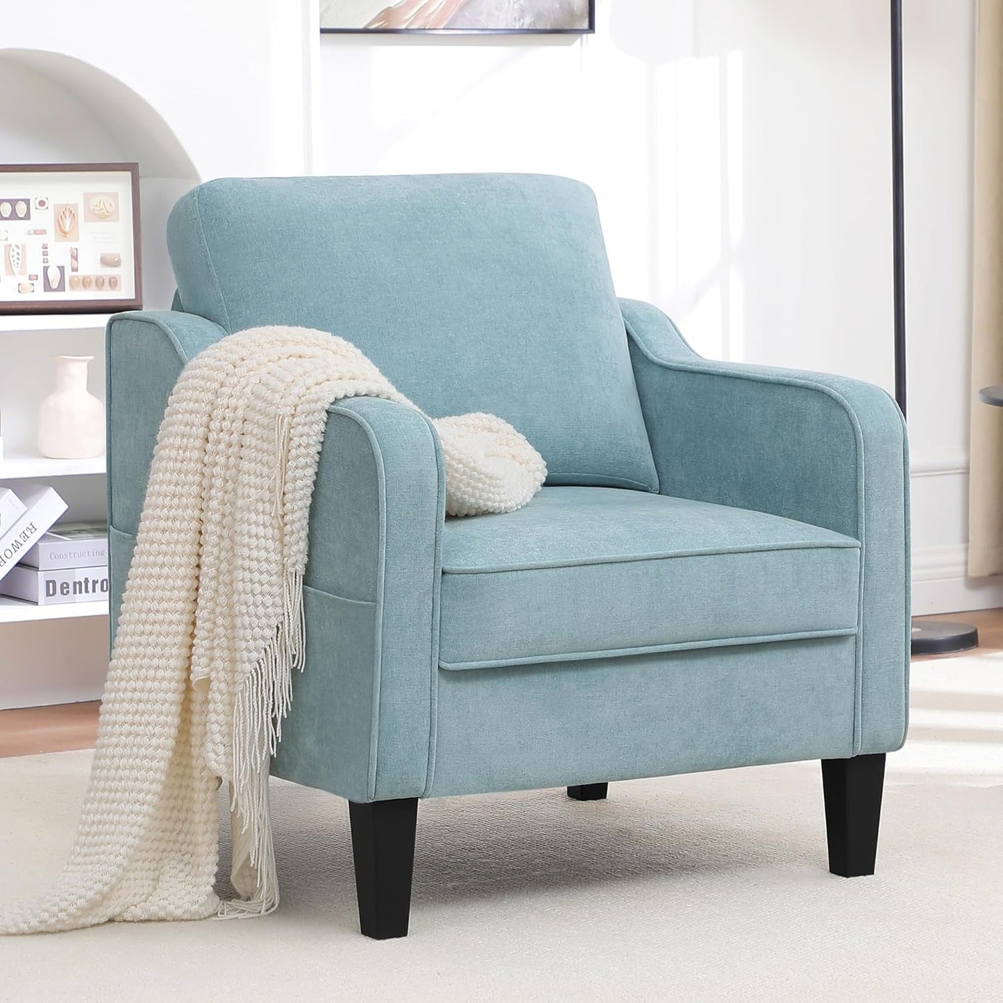 Accent Chairs Set of 2, Upholstered Living Room Chairs with Side Pockets, Mid Century Modern Reading Chair for Bedroom, Comfy Armchair Single Sofa Side Chair for Office, Small Room, Teal Green