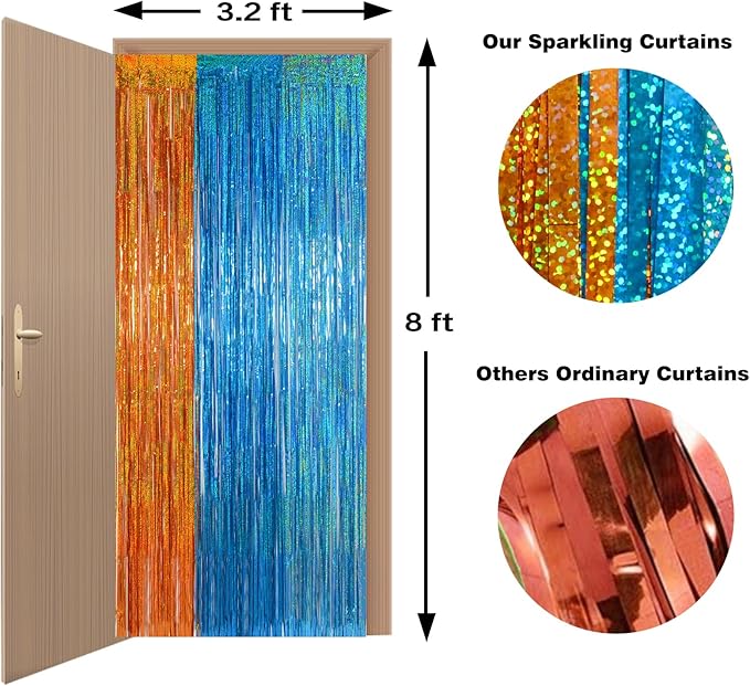 Melsan Heavy Duty Tinsel Fringe Curtain, 3 Pack 3.2 x 8.2 ft Extra Long Thicker Blue & Orange Streamers, Includes Adhesive + 3 Extra 3.1 Ft Tapes, Blue Dog Themed Birthday Backdrop & Photo Booth Prop