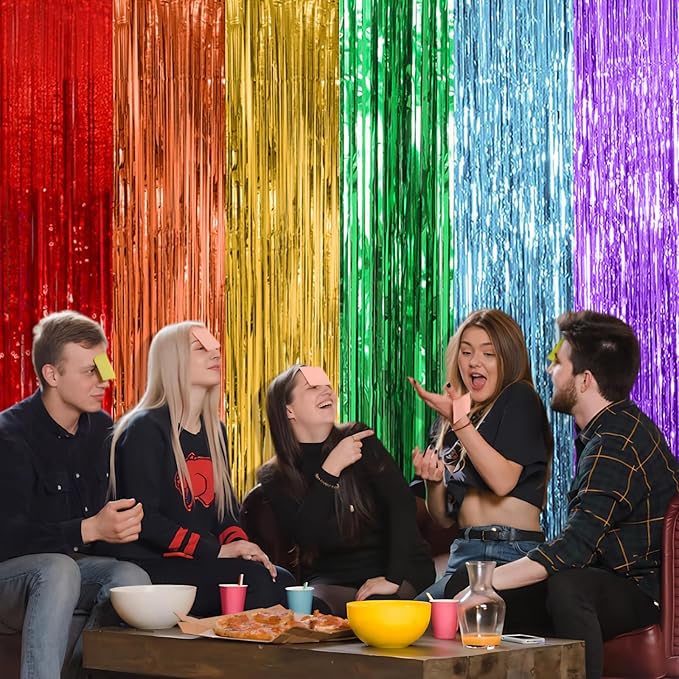 10 Pack Rainbow Party Backdrop Streamers Decorations Colorful Foil Fringe Curtains Metallic Tinsel Backdrop for Birthday First Day of School Engagement Baby Shower Christmas Holiday Party Decor