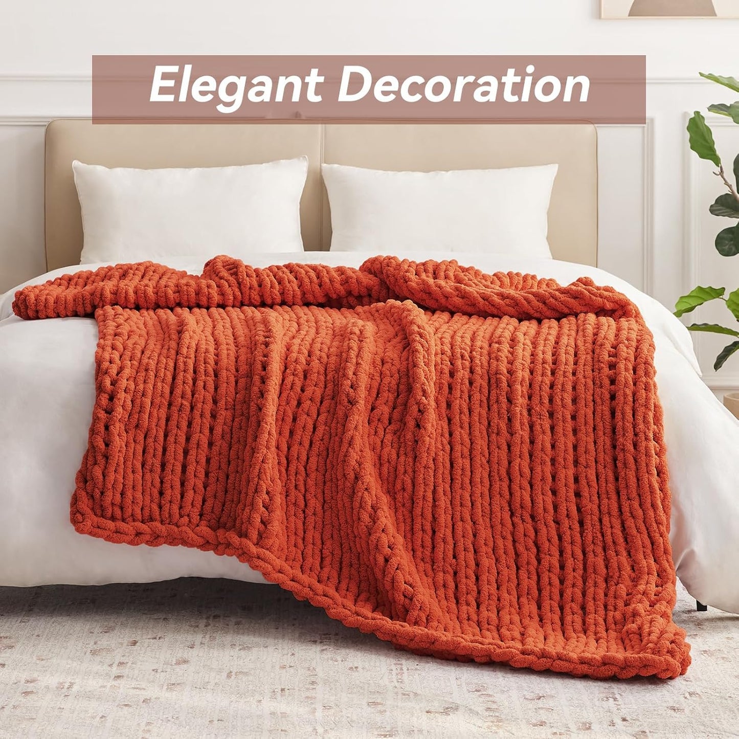 Chunky Knit Throw Blanket, 60''*80'' Knitted Throw Chenille Yarn for Bed Couch, Handmade Orange Crochet Big Thick Blanket, Machine Washable Cute Comfy Blanket for Home Decor