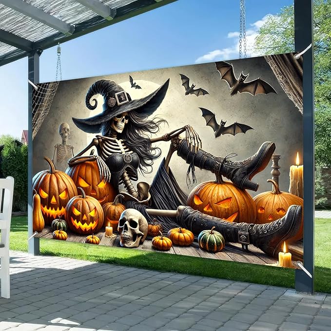 Halloween Banner 71x43 Inch Scary Witch Skeleton Backdrop Trick or Treat Yard Sign Spooky Halloween Decorations for Outdoor Haunted House Wall Party